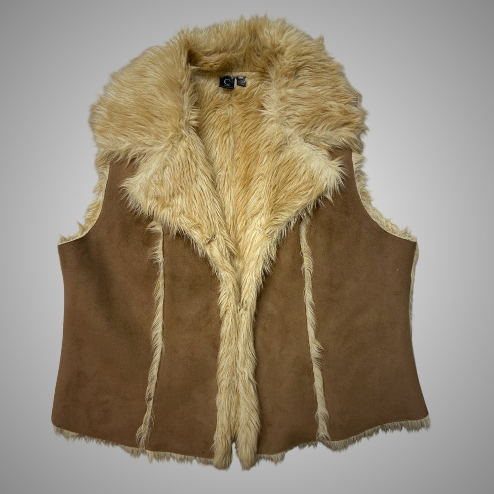 Capri Womens Brown Faux Suede Fur‎ Trim Vest Large Collared Shearling Style